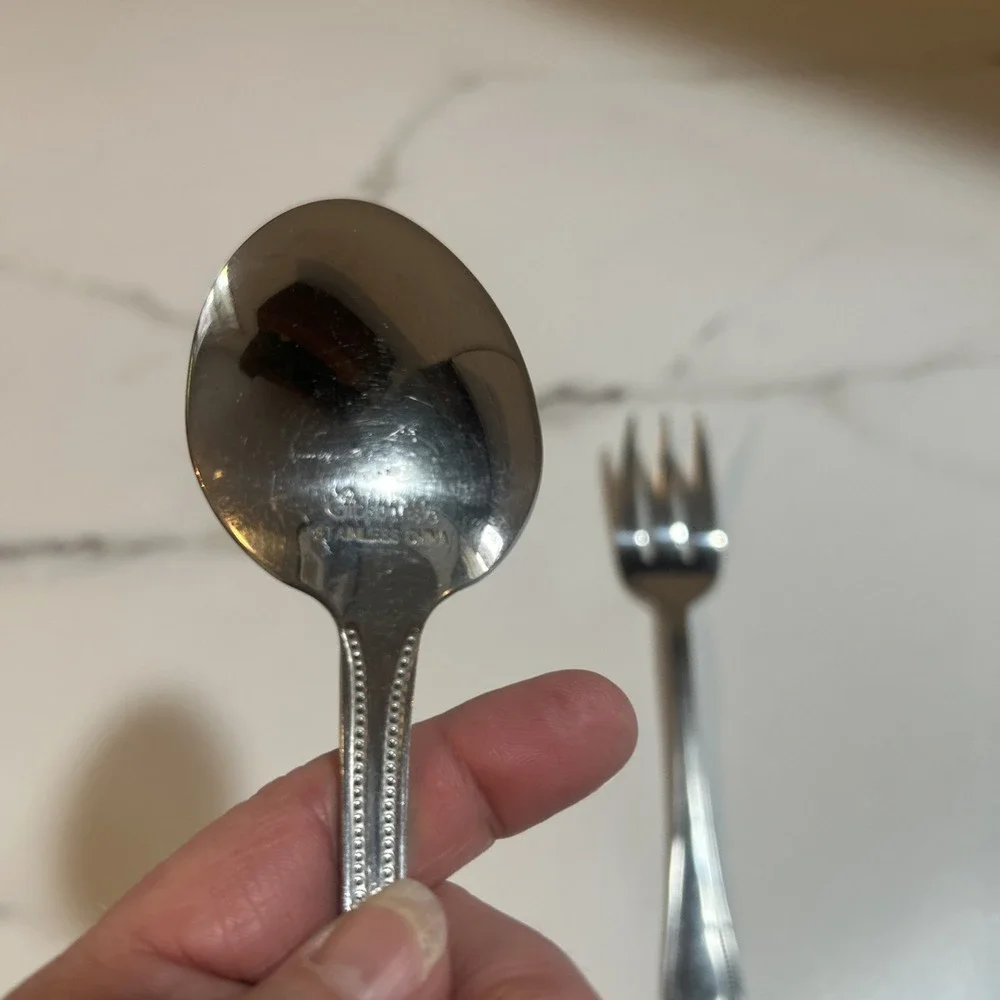 Gibson 18/0 Stainless Flatware‎ Glossy BEADED Pattern Serving Spoon, And Fork